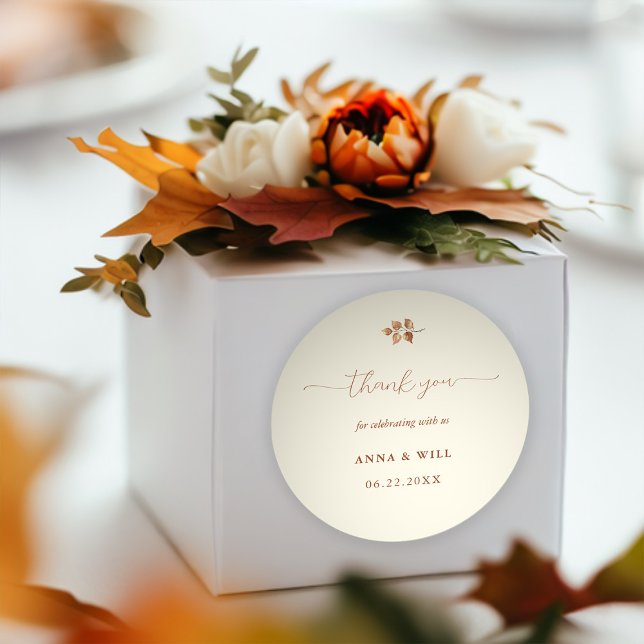 Adesivo Redondo Autumn Deixa Terracotta Casamento outono (autumn fall wedding favor sticker leaves foliage botanical terracotta elegant calligraphy classy)