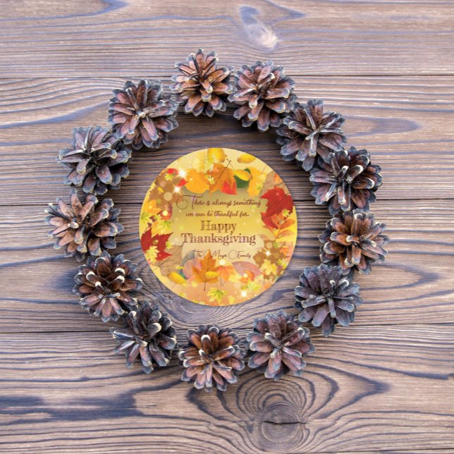 Adesivo Redondo Autumn Fall Foliage Wreath Happy Ação de Graças (Criador carregado)