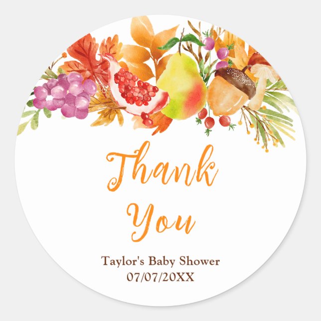 Adesivo Redondo Autumn Fall Harvest Baby Shower Thank You (Frente)