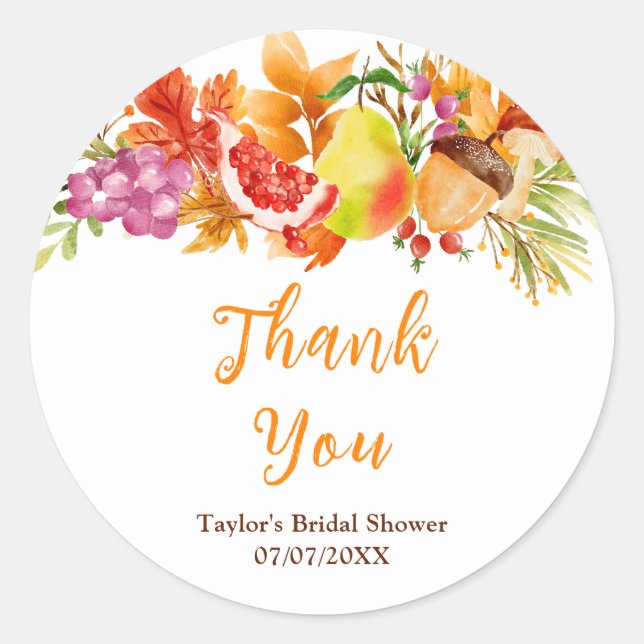 Adesivo Redondo Autumn Fall Harvest Bridal Shower Thank You (Frente)