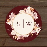 Adesivo Redondo Autumn Floral Burgundy Envelope Seal<br><div class="desc">Este outono, design de envelope de casamento floral de burgundy creme, é um conjunto de sonhos que incorpora a essência do charme vintage e da elegância moderna. Com flores e folhas do outono em cores do outono, acentuadas com bordas geométricas douradas, nosso design oferece uma estética simples, mas cativante, perfeita...</div>
