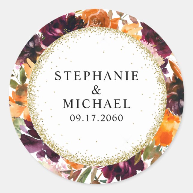 Adesivo Redondo Autumn Floral Dourada Glitter Wedding (Frente)