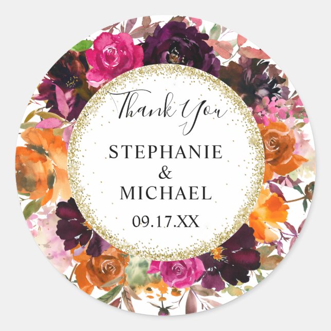 Adesivo Redondo Autumn Floral Dourado Glitter Wedk - Obrigado (Frente)