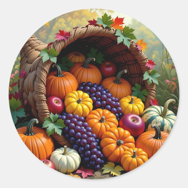 Adesivo Redondo Autumn Harvest and Blessings Cornucopia  (Frente)