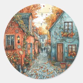 Adesivo Redondo Autumn Leaves Village Street Illustration