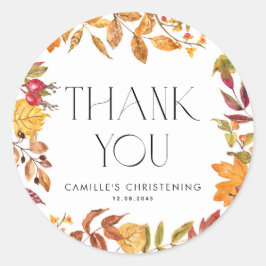 Adesivo Redondo Autumn Leaves Wreath Christening Obrigado