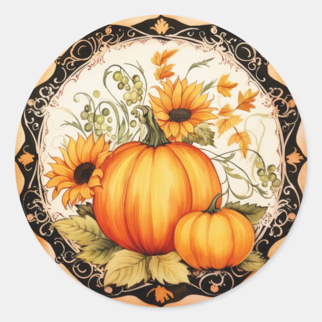 Adesivo Redondo Autumn Orange Pumpkins Floral (Frente)