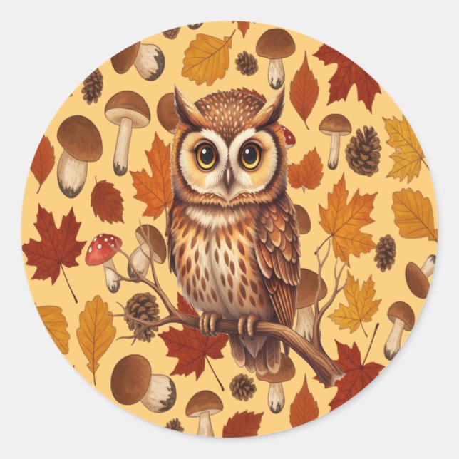 Adesivo Redondo Autumn Owl And Leaves For Gift (Frente)