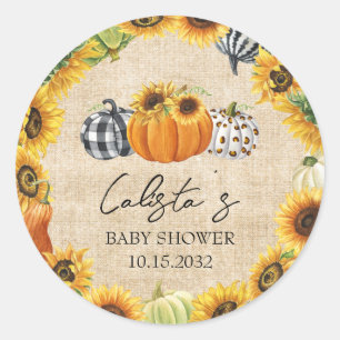 Adesivo Redondo Autumn Pumpkin Sunflower Burlap Chá de fraldas Fav