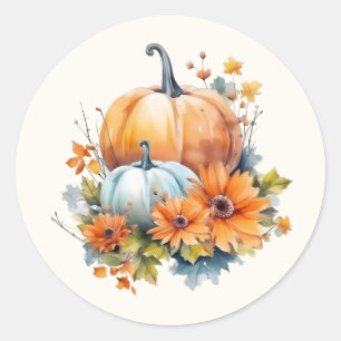 Adesivo Redondo Autumn Pumpkins com Flores e Folhagem