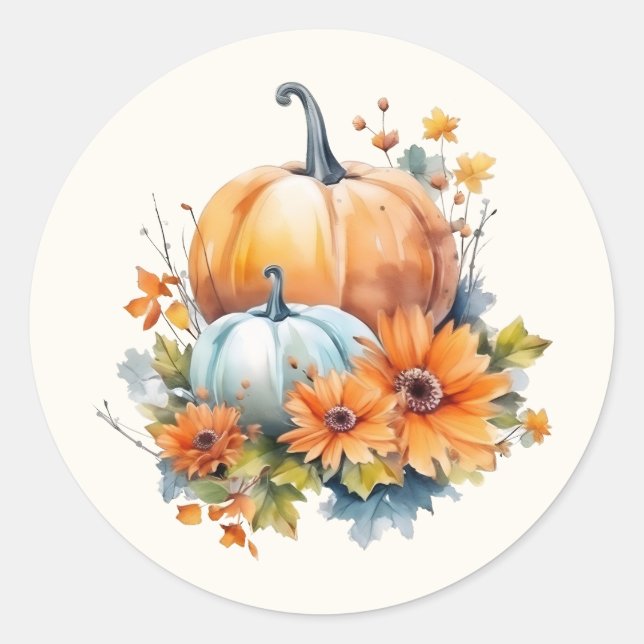 Adesivo Redondo Autumn Pumpkins com Flores e Folhagem (Frente)