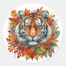 Adesivo Redondo Autumn Tiger Face Among Fall Leaves