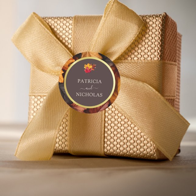 Adesivo Redondo Autumn Woody Brown & Elegant Ouro Casamento (Criador carregado)
