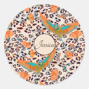 Adesivo Redondo Ave de Paraíso, pele-leopardo, Coral e turquesa