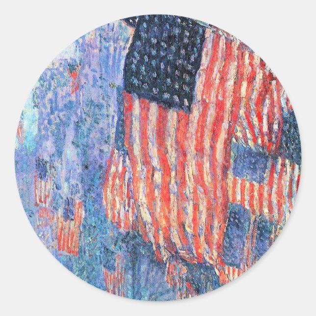 Adesivo Redondo Avenida na Chuva por Frederick Childe Hassam (Frente)