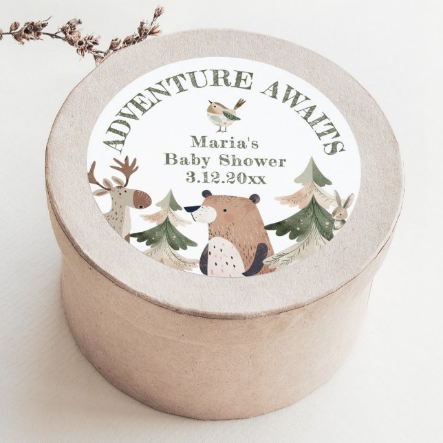 Adesivo Redondo Aventura aguarda Chá de fraldas de animais florest (Criador carregado)