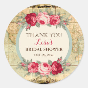 Adesivo Redondo Aventura aguarda Rosas do Mapa Mundial da Vintage