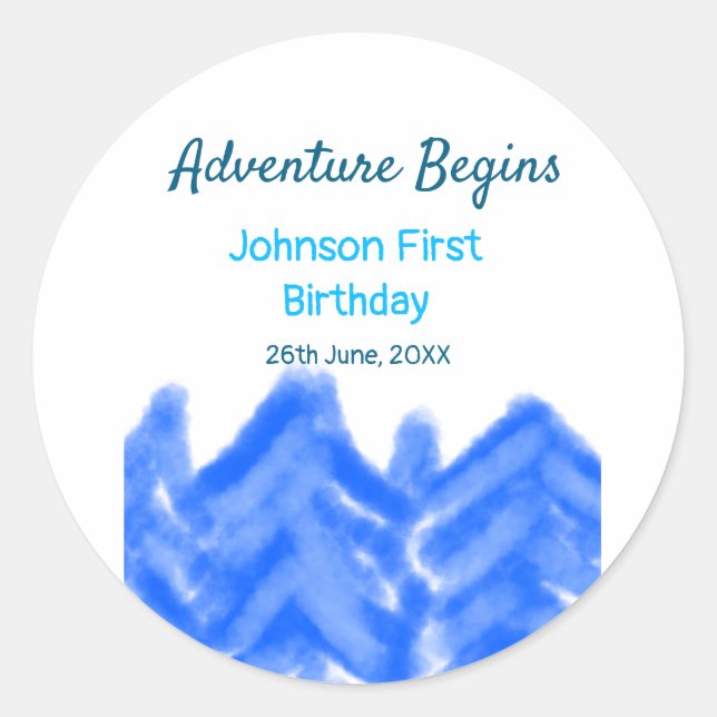 Adesivo Redondo Aventura Azul Aqua inicia montanha primeiro aniver (Frente)