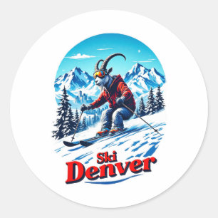 Adesivo Redondo Aventura de Esqui em Cabra nas Montanhas de Denver