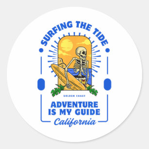 Adesivo Redondo Aventura de Surfar na Maré é Meu Guia Golden Coas