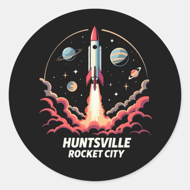 Adesivo Redondo Aventura Espacial de Rocket City em Huntsville (Frente)