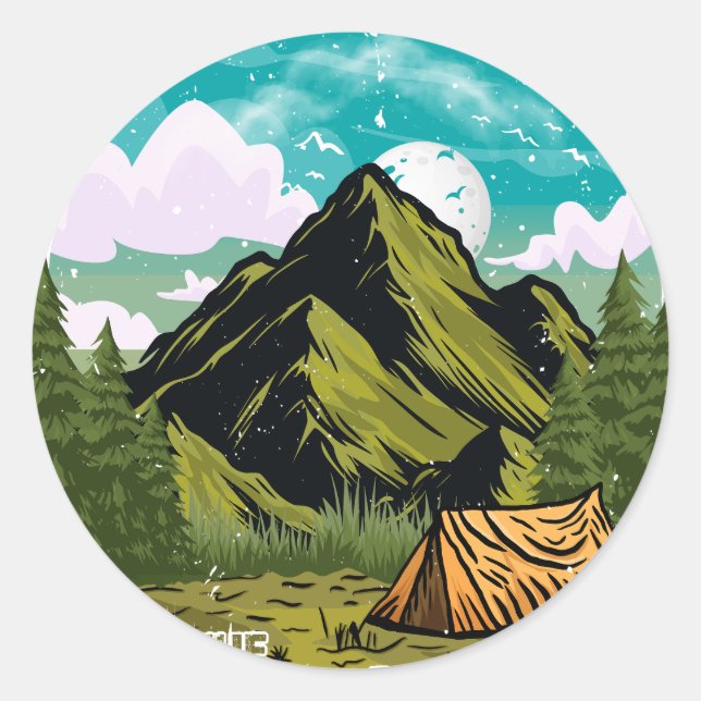 Adesivo Redondo Aventura espera, feliz acampamento ao ar livre (Frente)