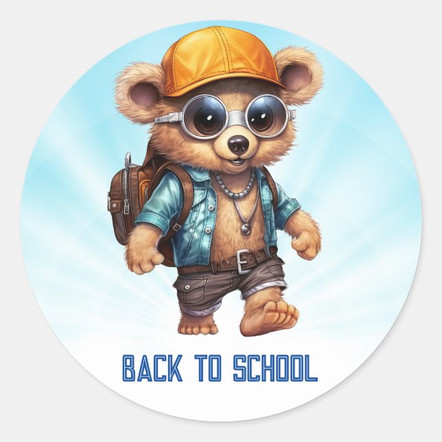 Adesivo Redondo Aventuras Sunny com Urso de Beachy - Prontos para  (Frente)