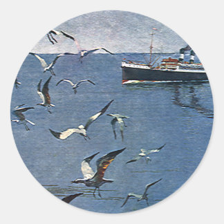 Adesivo Redondo Aves Animais Antigos, Gaivotas e Barcos de Pesca