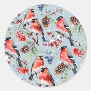 Adesivo Redondo Aves de Natal Red Bullfinch Berries & Pine Cones
