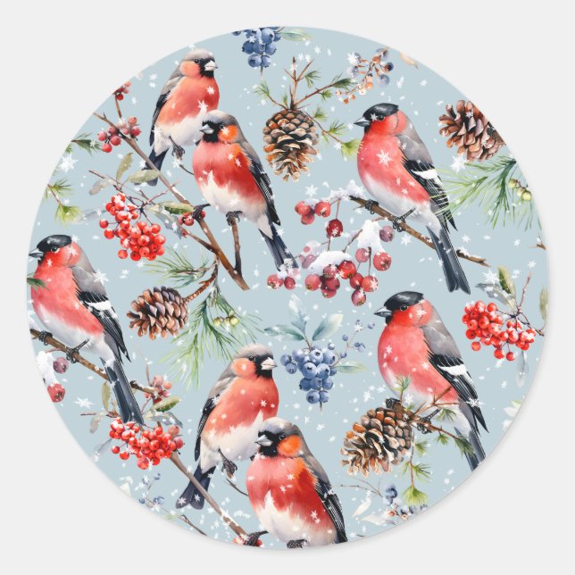 Adesivo Redondo Aves de Natal Red Bullfinch Berries & Pine Cones (Frente)