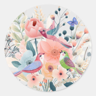 Adesivo Redondo Aves Florais De Primavera Aquarelas De Pastel Cach