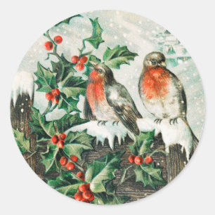 Adesivo Redondo Aves natais vintages e Holly Winter Snow