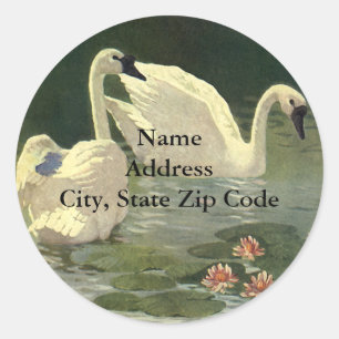 Adesivo Redondo Aves Selvagens Vintage, Cisnes Brancas Vitorianas