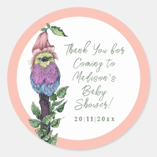 Adesivo Redondo Aves Tropicais, Rosa, Bonitas, Chá de fraldas da s (Frente)