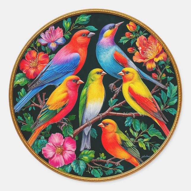 Adesivo Redondo Aves Vibrantes Empoleiradas em Ramais de Flor (Frente)