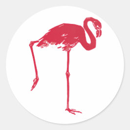 Adesivo Redondo Aves Vintage, um Flamingo Rosa com uma Perna para