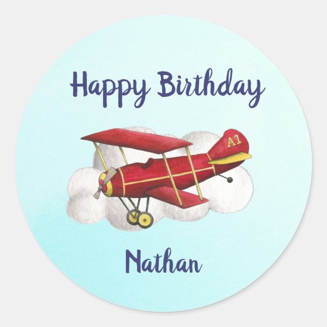 Adesivo Redondo Avião Aniversário Obrigado Vinhetas (Frente)