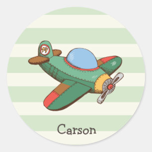 Adesivo Redondo Avião do vintage em listras verdes Pastel