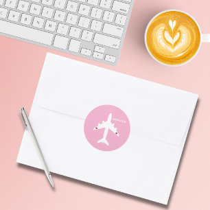 Adesivo Redondo Avião Fofo Corações Rosa Garota Piloto Viagem Pers