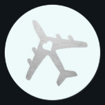 Adesivo Redondo Avião Prateado com Tema de Viagem Romântica de Cor<br><div class="desc">Nosso exclusivo avião prateado de folha falsa com um adesivo de coração no centro faz um rótulo de favor de tema de viagem perfeito ou selo de envelope de convite de casamento de destino, aniversário, aniversário de casamento ou chá de bebê ou despedida de solteira. • • • Clique em PERSONALIZAR MAIS...</div>