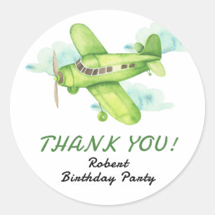 Adesivo Redondo Avião verde aquarela aniversário obrigado