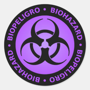 Adesivo Redondo Aviso bilíngüe roxo do Biohazard