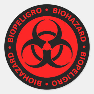 Adesivo Redondo Aviso bilíngüe vermelho do Biohazard