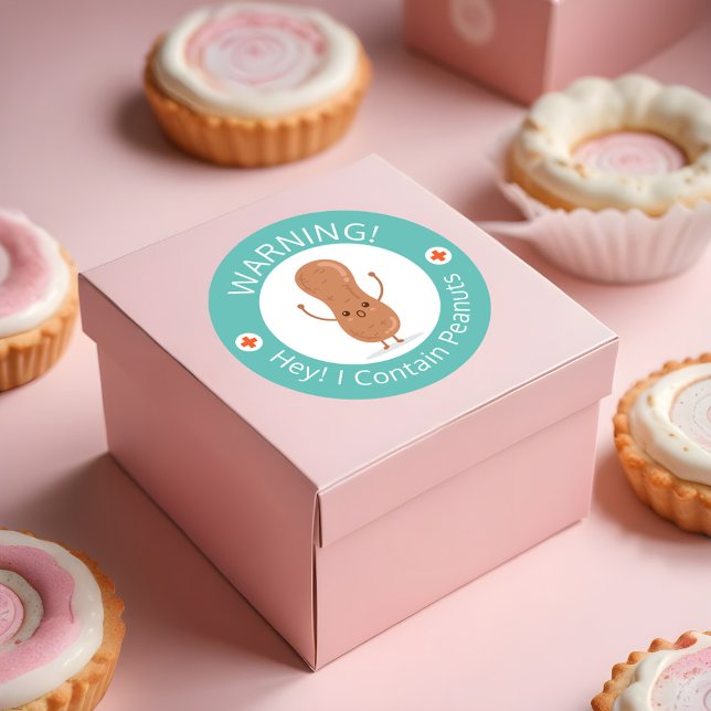 Adesivo Redondo Aviso Que Contenho Amendoins! Comida de alergia a  (Warning I Contain Peanuts! Peanut Allergy Food Classic Round Sticker)