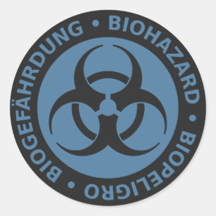 Adesivo Redondo Aviso trilíngue azul desvanecido do Biohazard