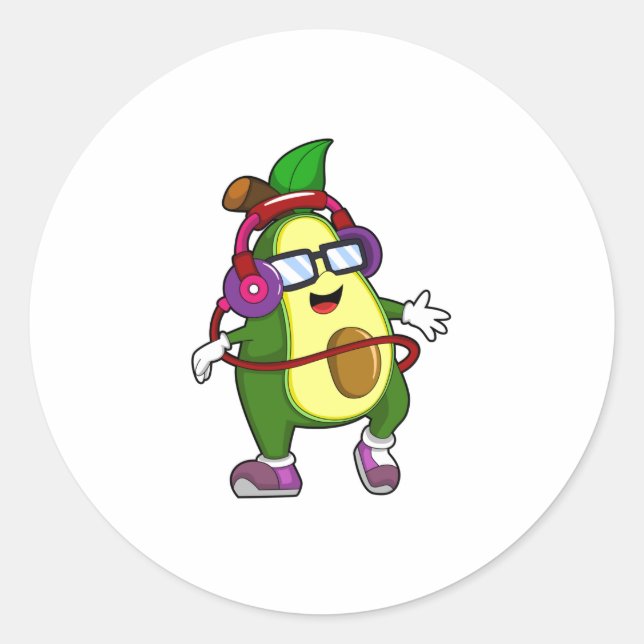 Adesivo Redondo Avocado em Música com Fone de Ouvido (Frente)