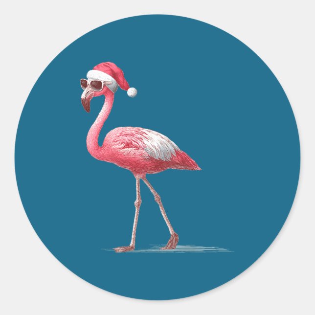 Adesivo Redondo Awesome Cool Flamingo With Christmas Hat And Sungl (Frente)
