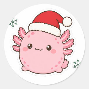 Adesivo Redondo Axolote de Natal com Chapéu de Papai Noel Kawaii F