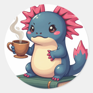 Adesivo Redondo Axolote Kawaii Amante de Café Mal-humorado Arte Gi