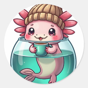 Adesivo Redondo Axolote Kawaii Fofo Amante de Café Arte